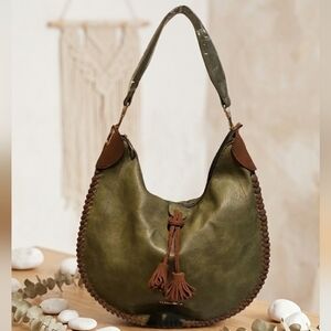 NWT Gorgeous Olive Green Hobo Bag with Brown Whipstitch & Tassels inc Crossbody